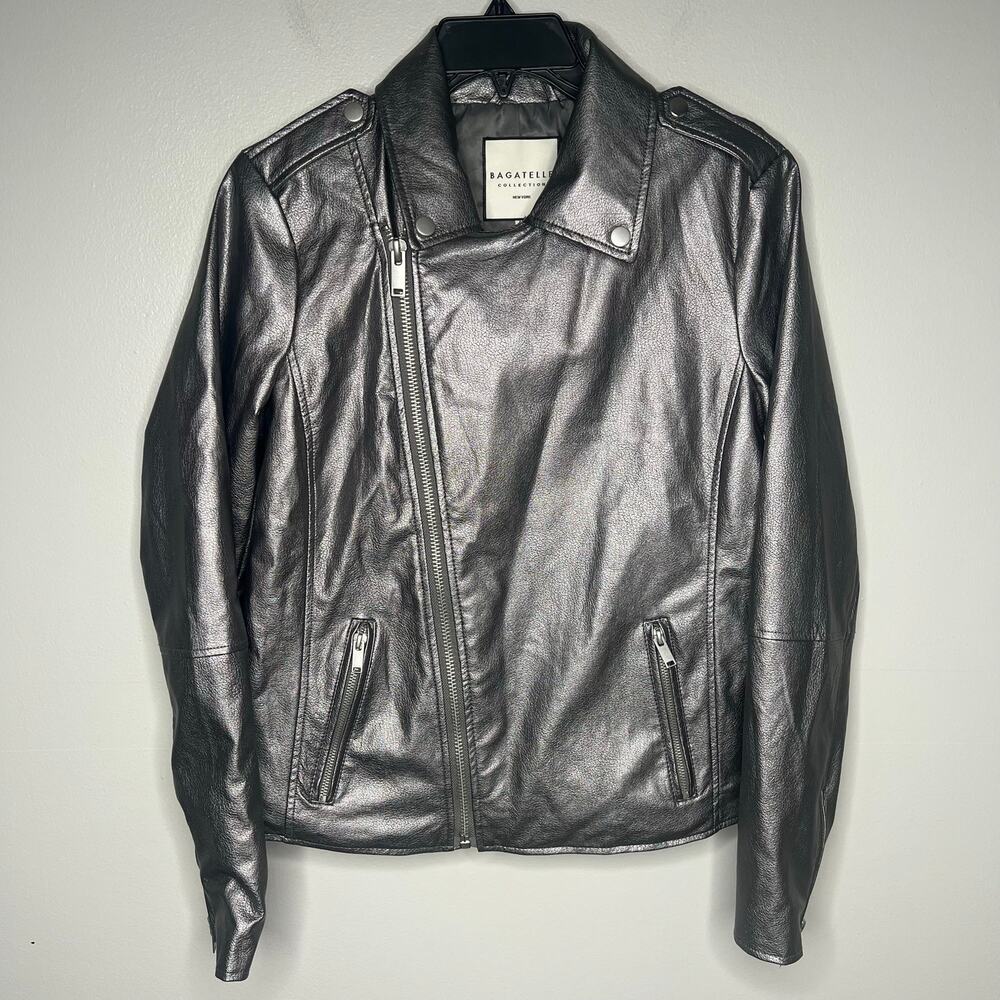 Bagatelle Collection Women's Metallic Faux Leather Moto Jacket Sz M Vegan Biker